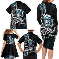 Turquoise Hawaii Kanaloa God Family Matching Long Sleeve Bodycon Dress and Hawaiian Shirt Hawaiian Octopus LT14 - Polynesian Pride