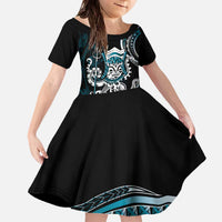 Turquoise Hawaii Kanaloa God Family Matching Off The Shoulder Long Sleeve Dress and Hawaiian Shirt Hawaiian Octopus LT14 Daughter's Dress Turquoise - Polynesian Pride