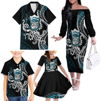 Turquoise Hawaii Kanaloa God Family Matching Off The Shoulder Long Sleeve Dress and Hawaiian Shirt Hawaiian Octopus LT14 - Polynesian Pride