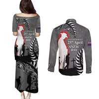 New Zealand ANZAC Day Couples Matching Puletasi and Long Sleeve Button Shirt 25th April Silver Fern With Poppy LT14 - Polynesian Pride