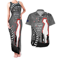 New Zealand ANZAC Day Couples Matching Tank Maxi Dress and Hawaiian Shirt 25th April Silver Fern With Poppy LT14 Gray - Polynesian Pride