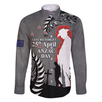 New Zealand ANZAC Day Family Matching Off The Shoulder Long Sleeve Dress and Hawaiian Shirt 25th April Silver Fern With Poppy LT14 Dad's Shirt - Long Sleeve Gray - Polynesian Pride