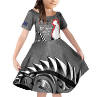 New Zealand ANZAC Day Family Matching Off Shoulder Short Dress and Hawaiian Shirt 25th April Silver Fern With Poppy LT14 Daughter's Dress Gray - Polynesian Pride