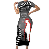 New Zealand ANZAC Day Family Matching Short Sleeve Bodycon Dress and Hawaiian Shirt 25th April Silver Fern With Poppy LT14 Mom's Dress Gray - Polynesian Pride
