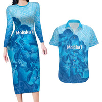Aloha Hawaii Molokai Island Couples Matching Long Sleeve Bodycon Dress and Hawaiian Shirt Hibiscus Tribal Honu Hawaiian Tattoo LT14 Blue - Polynesian Pride