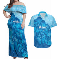 Aloha Hawaii Molokai Island Couples Matching Off Shoulder Maxi Dress and Hawaiian Shirt Hibiscus Tribal Honu Hawaiian Tattoo LT14 Blue - Polynesian Pride