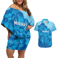 Aloha Hawaii Molokai Island Couples Matching Off Shoulder Short Dress and Hawaiian Shirt Hibiscus Tribal Honu Hawaiian Tattoo LT14 Blue - Polynesian Pride