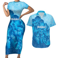 Aloha Hawaii Molokai Island Couples Matching Short Sleeve Bodycon Dress and Hawaiian Shirt Hibiscus Tribal Honu Hawaiian Tattoo LT14 Blue - Polynesian Pride