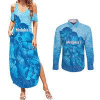 Aloha Hawaii Molokai Island Couples Matching Summer Maxi Dress and Long Sleeve Button Shirt Hibiscus Tribal Honu Hawaiian Tattoo LT14 Blue - Polynesian Pride