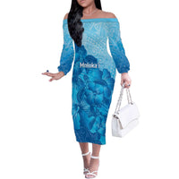 Aloha Hawaii Molokai Island Family Matching Off The Shoulder Long Sleeve Dress and Hawaiian Shirt Hibiscus Tribal Honu Hawaiian Tattoo LT14 Mom's Dress Blue - Polynesian Pride