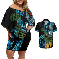 Turquoise New Zealand Kowhai And Piwakawaka Couples Matching Off Shoulder Short Dress and Hawaiian Shirt Maori Ngaru Paua Shell LT14 Turquoise - Polynesian Pride
