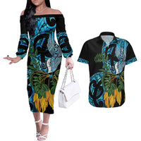 Turquoise New Zealand Kowhai And Piwakawaka Couples Matching Off The Shoulder Long Sleeve Dress and Hawaiian Shirt Maori Ngaru Paua Shell LT14 Turquoise - Polynesian Pride
