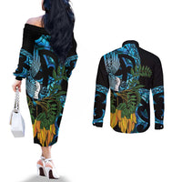 Turquoise New Zealand Kowhai And Piwakawaka Couples Matching Off The Shoulder Long Sleeve Dress and Long Sleeve Button Shirt Maori Ngaru Paua Shell LT14 - Polynesian Pride