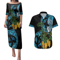 Turquoise New Zealand Kowhai And Piwakawaka Couples Matching Puletasi and Hawaiian Shirt Maori Ngaru Paua Shell LT14 Turquoise - Polynesian Pride