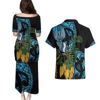 Turquoise New Zealand Kowhai And Piwakawaka Couples Matching Puletasi and Hawaiian Shirt Maori Ngaru Paua Shell LT14 - Polynesian Pride