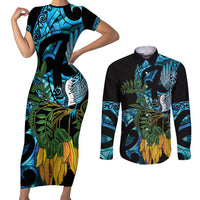 Turquoise New Zealand Kowhai And Piwakawaka Couples Matching Short Sleeve Bodycon Dress and Long Sleeve Button Shirt Maori Ngaru Paua Shell LT14 Turquoise - Polynesian Pride