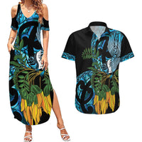 Turquoise New Zealand Kowhai And Piwakawaka Couples Matching Summer Maxi Dress and Hawaiian Shirt Maori Ngaru Paua Shell LT14 Turquoise - Polynesian Pride