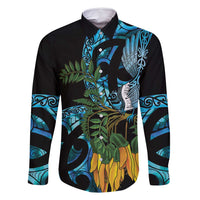 Turquoise New Zealand Kowhai And Piwakawaka Family Matching Mermaid Dress and Hawaiian Shirt Maori Ngaru Paua Shell LT14 Dad's Shirt - Long Sleeve Turquoise - Polynesian Pride