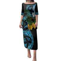 Turquoise New Zealand Kowhai And Piwakawaka Family Matching Puletasi and Hawaiian Shirt Maori Ngaru Paua Shell LT14 Mom's Dress Turquoise - Polynesian Pride