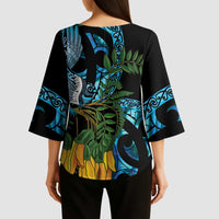 Turquoise New Zealand Kowhai And Piwakawaka Kimono Sleeve Blouse Maori Ngaru Paua Shell LT14 - Polynesian Pride