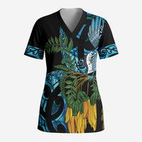 Turquoise New Zealand Kowhai And Piwakawaka Scrub Top Maori Ngaru Paua Shell - Polynesian Pride