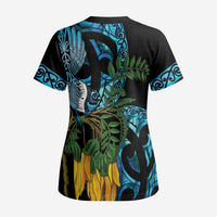 Turquoise New Zealand Kowhai And Piwakawaka Scrub Top Maori Ngaru Paua Shell - Polynesian Pride