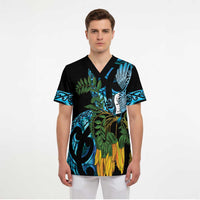 Turquoise New Zealand Kowhai And Piwakawaka Scrub Top Maori Ngaru Paua Shell - Polynesian Pride