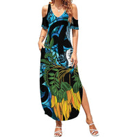 Turquoise New Zealand Kowhai And Piwakawaka Summer Maxi Dress Maori Ngaru Paua Shell LT14 Women Turquoise - Polynesian Pride