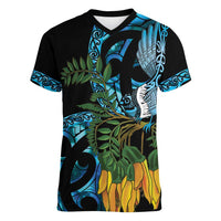 Turquoise New Zealand Kowhai And Piwakawaka Women V-Neck T-Shirt Maori Ngaru Paua Shell