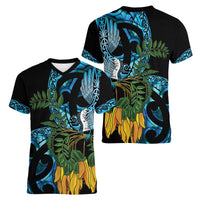 Turquoise New Zealand Kowhai And Piwakawaka Women V-Neck T-Shirt Maori Ngaru Paua Shell