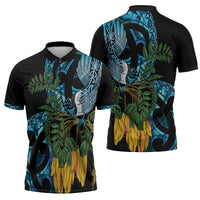 Turquoise New Zealand Kowhai And Piwakawaka Zipper Polo Shirt Maori Ngaru Paua Shell LT14 - Polynesian Pride