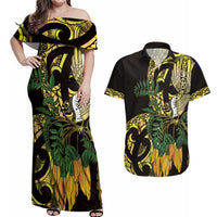 Yellow New Zealand Kowhai And Piwakawaka Couples Matching Off Shoulder Maxi Dress and Hawaiian Shirt Maori Ngaru Paua Shell LT14 Yellow - Polynesian Pride
