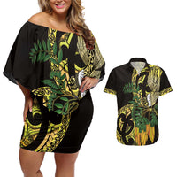 Yellow New Zealand Kowhai And Piwakawaka Couples Matching Off Shoulder Short Dress and Hawaiian Shirt Maori Ngaru Paua Shell LT14 Yellow - Polynesian Pride