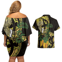 Yellow New Zealand Kowhai And Piwakawaka Couples Matching Off Shoulder Short Dress and Hawaiian Shirt Maori Ngaru Paua Shell LT14 - Polynesian Pride