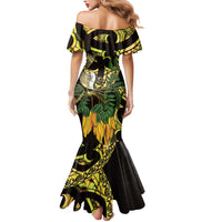 Yellow New Zealand Kowhai And Piwakawaka Mermaid Dress Maori Ngaru Paua Shell LT14 - Polynesian Pride