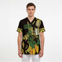 Yellow New Zealand Kowhai And Piwakawaka Scrub Top Maori Ngaru Paua Shell - Polynesian Pride