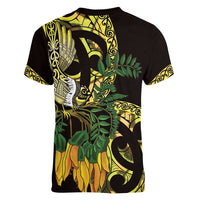 Yellow New Zealand Kowhai And Piwakawaka Women V-Neck T-Shirt Maori Ngaru Paua Shell