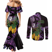Purple New Zealand Kowhai And Piwakawaka Couples Matching Mermaid Dress and Long Sleeve Button Shirt Maori Ngaru Paua Shell LT14 - Polynesian Pride