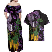 Purple New Zealand Kowhai And Piwakawaka Couples Matching Off Shoulder Maxi Dress and Hawaiian Shirt Maori Ngaru Paua Shell LT14 - Polynesian Pride