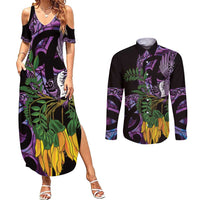 Purple New Zealand Kowhai And Piwakawaka Couples Matching Summer Maxi Dress and Long Sleeve Button Shirt Maori Ngaru Paua Shell LT14 Purple - Polynesian Pride