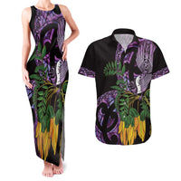 Purple New Zealand Kowhai And Piwakawaka Couples Matching Tank Maxi Dress and Hawaiian Shirt Maori Ngaru Paua Shell LT14 Purple - Polynesian Pride