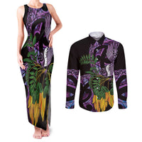 Purple New Zealand Kowhai And Piwakawaka Couples Matching Tank Maxi Dress and Long Sleeve Button Shirt Maori Ngaru Paua Shell LT14 Purple - Polynesian Pride