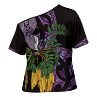 Purple New Zealand Kowhai And Piwakawaka Cross Shoulder Shirt Maori Ngaru Paua Shell LT14 - Polynesian Pride