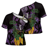 Purple New Zealand Kowhai And Piwakawaka Cross Shoulder Shirt Maori Ngaru Paua Shell LT14 - Polynesian Pride