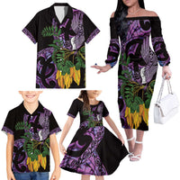 Purple New Zealand Kowhai And Piwakawaka Family Matching Off The Shoulder Long Sleeve Dress and Hawaiian Shirt Maori Ngaru Paua Shell LT14 - Polynesian Pride