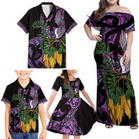 Purple New Zealand Kowhai And Piwakawaka Family Matching Off Shoulder Maxi Dress and Hawaiian Shirt Maori Ngaru Paua Shell LT14 - Polynesian Pride