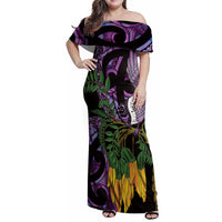 Purple New Zealand Kowhai And Piwakawaka Family Matching Off Shoulder Maxi Dress and Hawaiian Shirt Maori Ngaru Paua Shell LT14 Mom's Dress Purple - Polynesian Pride
