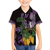 Purple New Zealand Kowhai And Piwakawaka Family Matching Off Shoulder Maxi Dress and Hawaiian Shirt Maori Ngaru Paua Shell LT14 Son's Shirt Purple - Polynesian Pride