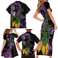 Purple New Zealand Kowhai And Piwakawaka Family Matching Short Sleeve Bodycon Dress and Hawaiian Shirt Maori Ngaru Paua Shell LT14 - Polynesian Pride