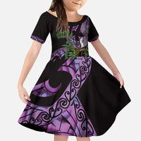 Purple New Zealand Kowhai And Piwakawaka Family Matching Summer Maxi Dress and Hawaiian Shirt Maori Ngaru Paua Shell LT14 Daughter's Dress Purple - Polynesian Pride